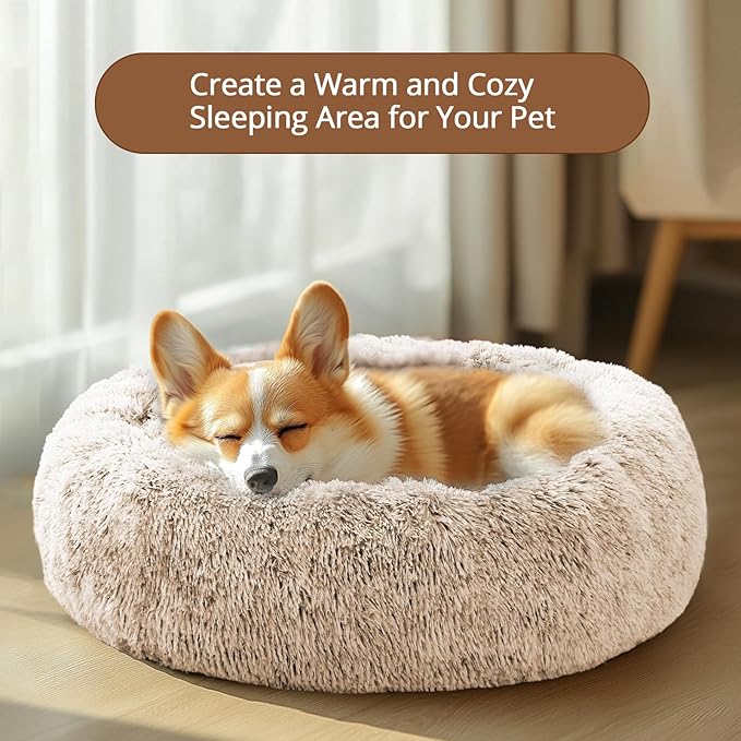 JOLLYVOGUE Calming Dog Bed Medium Size Dog, Anti-Anxiety Donut Medium Pet Bed, 27 inches Fluffy Faux Fur Round Cat Bed (Cream Brown)