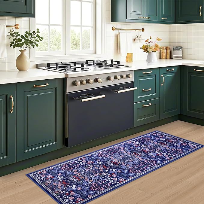 Runner Rug for Entryway: 2.6x8 Kitchen Rugs Non Slip Washable Ultra-Thin Soft Floral Carpet Indoor Floor Stain Resistant Carpets for Hallway Bedroom Kitchen Laundry Bathroom Dorm Blue