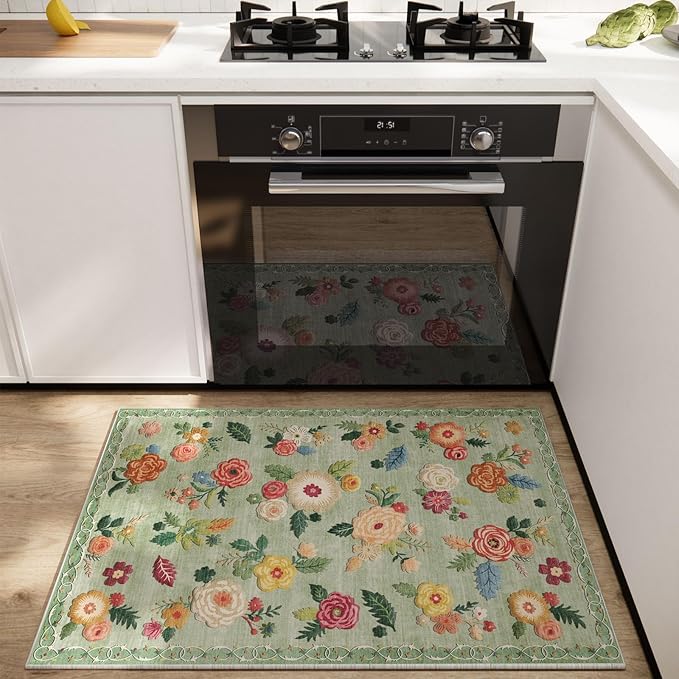 Washable Small Entryway Area Rugs: 2'x3' Floral Green Rug Non Slip Door Mat Indoor Entrance Stain Resistance Low Pile Throw Rugs for Inside Front Door Floor Bedroom Bedside Kitchen Dorm Home Entry