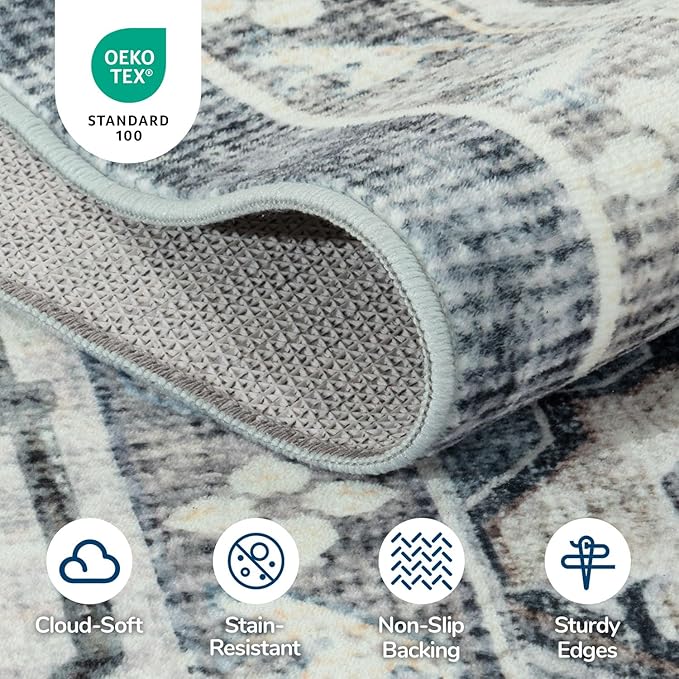 Lessymo Vintage Medallion Rug for Living Room 5x7, Machine Washable Area Rugs for Bedroom Dining Room Under Table, Soft Low Pile Carpet with Non Slip Backing, Blue Grey/Beige