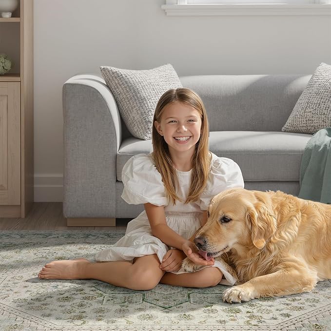 DCX Green 9x12 Area Rug, Machine Washable Non Slip Stain Resistant Vintage Rug for Living Room, Bedroom, Playroom, Soft Low Pile Large Nursery Carpet
