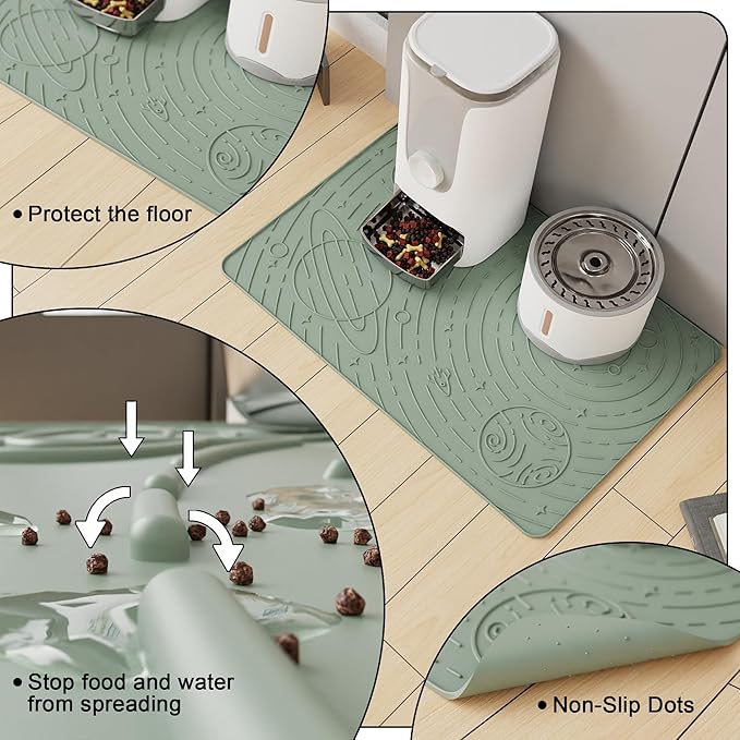 OHMO Dog Food Mat, Silicone Waterproof Cat Food Mat, Non-Skid Spill Proof Pet Feeding Mat for Food and Water, Easy to Clean Dog Placemat(Sage Green, 18.9" x 11.8")