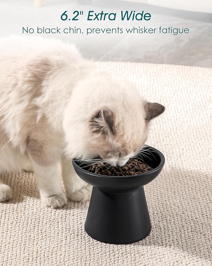 vancasso Ceramic Elevated Cat Bowls 2-Pack - 6.2" Extra Wide Raised Cat Food & Water Dishes, 5.1" Optimal Height Anti-Whisker Fatigue Shallow Bowls for Cats/Kittens/Dogs, Lead & Cadmium Free (Black)