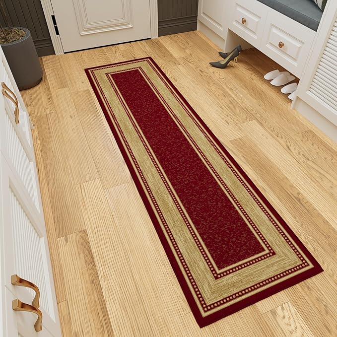 Ottomanson Hallway Runner Rug 1'10" x 6' Non Slip Border Area Rugs Easy to Clean Laundry Rug Runner Durable & Pet Friendly Floor Carpet Runners for Hallways Entryway Living Room Kitchen Bathroom, Red