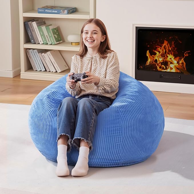 Homguava 2.5FT Bean Bag Chair,Teardrop Bean Bags Small Beanbag Chair with Memory Foam Filled and Ultra Soft Corduroy Cover for Living Room, Bedroom (Blue)