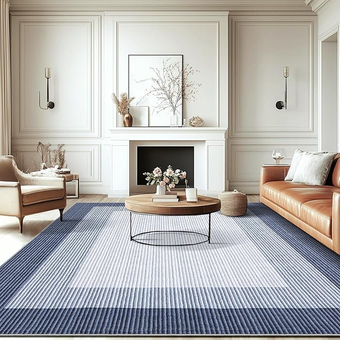 GarveeHome Washable Rug 8x10 Living Room Rugs, Modern Neutral Bordered Rug for Dining Room Solid Non Slip Low Pile Pet Friendly Large Carpet for Farmhouse Apartment Bedroom Dorm Blue