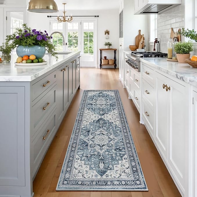 Lessymo Washable 2x6 Hallway Runner Rug for Entryway Bedroom, Soft Kitchen Area Rugs Non Slip for Bathroom Living Room Laundry Room, Long Vintage Boho Floor Carpet Stain Resistant Low Pile, Blue White