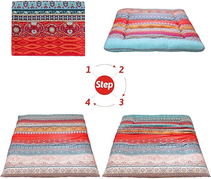 MAXYOYO Bohemian Retro Vintage Floral Japanese Futon Mattress Roll Up Tatami Floor Mat Foldable Bed Portable Camping Mattress Sleeping Pad Floor Lounger Couch Bed, King