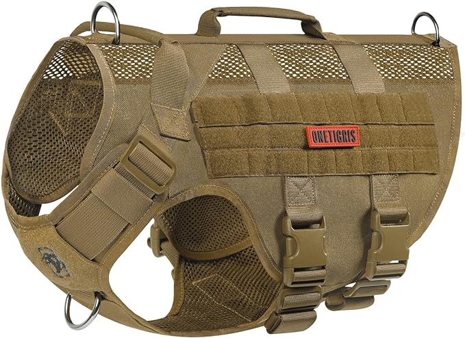 OneTigris No Pull Tactical Dog Harness for Medium Dog, Aire Mesh Dog Vest Harness, Breathable Military Molle Vests with Handles, Service Dog Vest for Walking Hiking Training (M, Brown)
