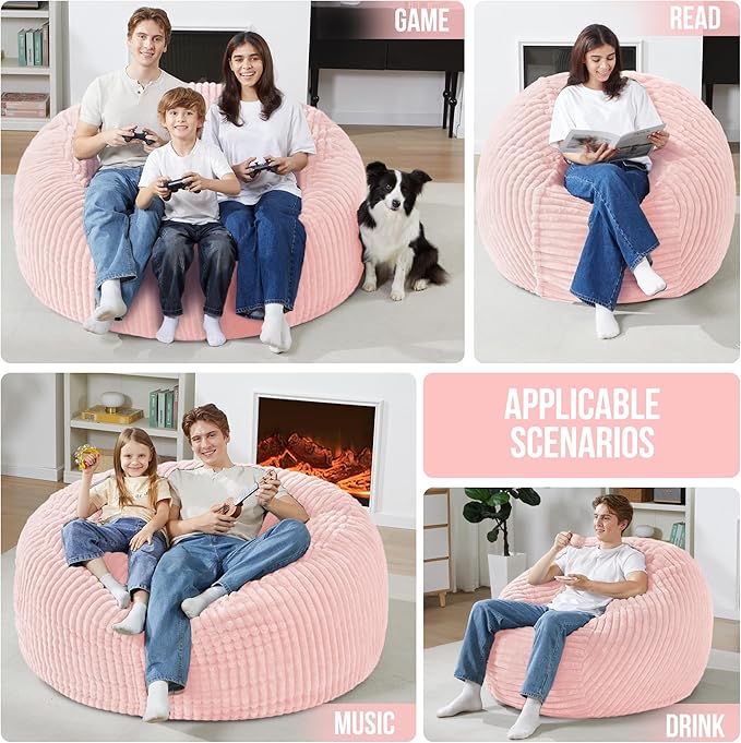 Homguava 3 FT Bean Bag Chair,3' Big Bean Bag,Large Bean Bag Chairs for Adults with Memory Foam Filled,Comfy Beanbag Chairs Soft Bean Bag Sofa with Dutch Corded Plush Cover-Soft Pink