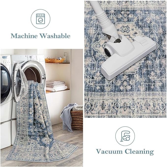 Lahome Oriental Hallway Runner Rug Non Slip, 2.5x8 Kitchen Washable Runner Soft Hallway Rug, Traditional Ultra-Thin Carpet for Bathroom Entryway ?랰aundry Room, Blue