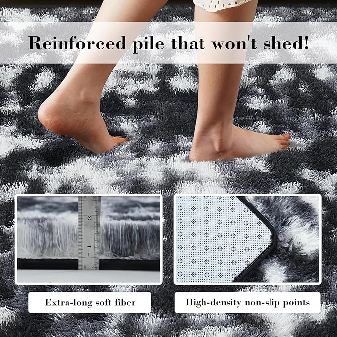 Fluffy Rug Shaggy Area Rug, Mottling Black 8x10 Area Rugs for Living Room, Large Shag Area Rugs for Bedroom Kids Room Home Decor, Upgrade Anti-Skid Rectangular Fuzzy Rugs