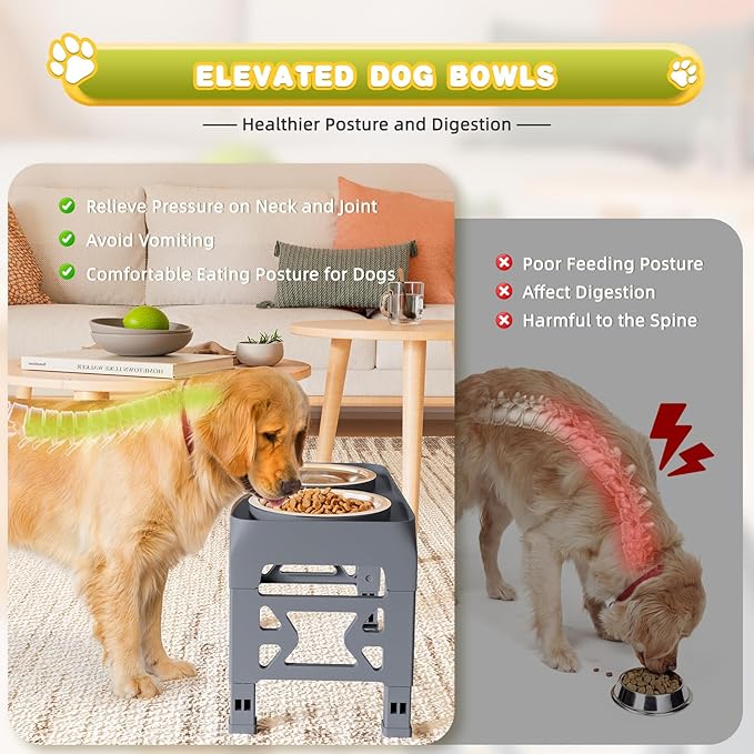 Elevated Dog Bowls for Medium Large Dogs - 5 Height Adjustable Mess Proof Raised Bowl Stand with 2 44oz Stainless Steel Food Bowls Dish Set Adjusts to 3.54’’-12.13’’ Non-Slip Grey
