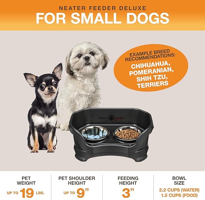 Neater Pet Brands Neater Feeder Deluxe Mess Proof Dog Bowls Elevated for Small Dogs Under 19 lbs, Made in USA, No Spill Raised Dog Food Bowl Stand Feeding Station, Food and Water Bowl Set, Black