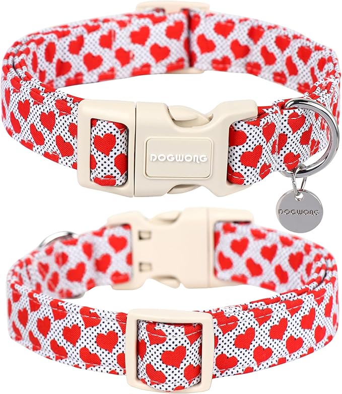 DOGWONG Valentine's Dog Collar - Red Heart Adjustable Cotton Heart Dog Collar - Perfect for Small Dogs