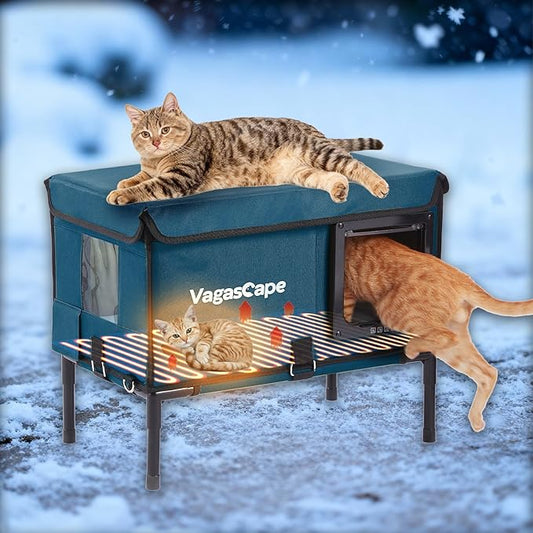 Heated Cat House for Outdoor in Winter, Insulated Weatherproof Cat Shelter with Heating Pad and Safe Escape Door, Waterproof Warm Home for Outside Barn Feral Stray Cat（Blue）