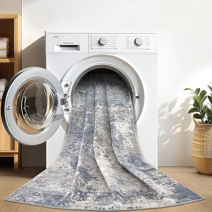 Area Rugs for Living Room: 5x7 Abstract Washable Rug Modern Neutral Large Soft Stain Resistant Non-Slip Backing Machine Table for Bedroom Dining Room Indoor Home Office Carpet - Light Denim Blue