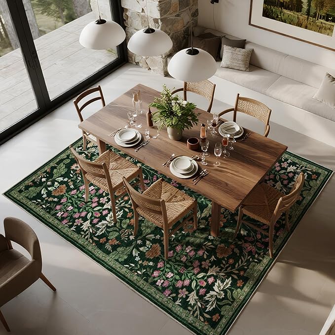 Floral Area Rug for Living Room: 5x7 Washable Soft Low Pile Thin Indoor Carpet, Non Slip Stain Resistant Vintage Flower Boho Accent Rugs for Bedroom, Dining, Home Office - Green