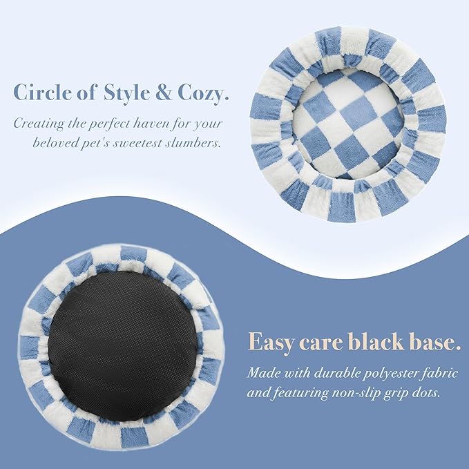 Checkered Cat Dog Bed, Cute Blue Retro Style Aesthetic Round Warming Pet Calming Beds for Small Dog and Cats, Plush Cozy Donut Beds Washable, 23" L x 23" W x 8" Th