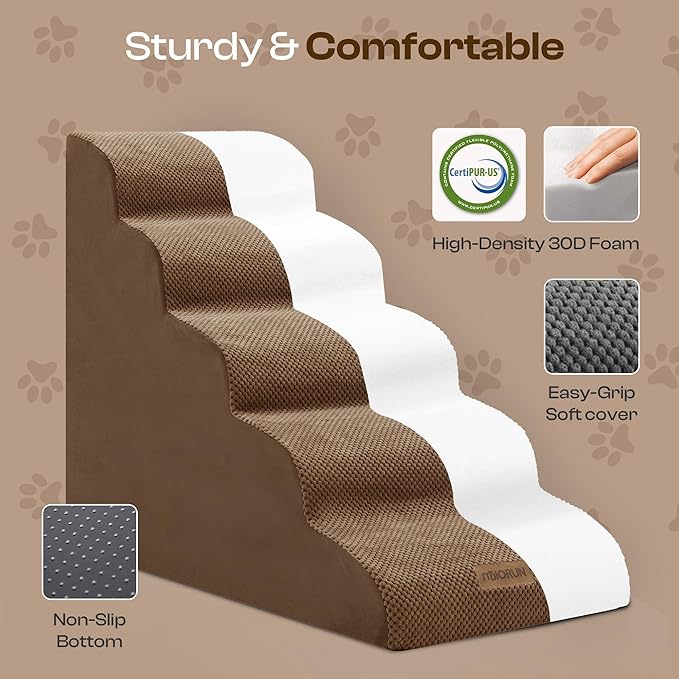 Dog Stairs for High Beds Up to 26-30", 5-Step Foam Pet Ramp with Washable Cover, Gentle Slope Steps, Bed & Couch Ladder for Small Medium Dogs & Senior Cat, Puppy Stairs to Get on Tall Furniture