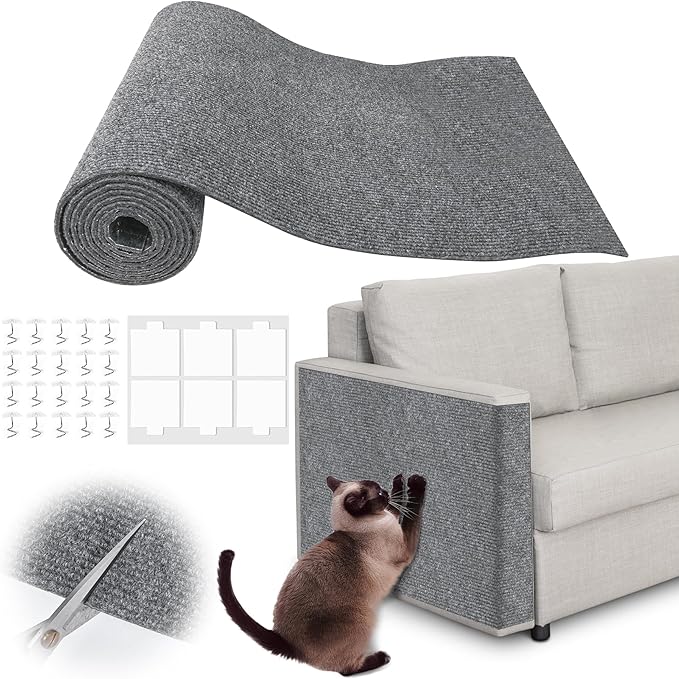 Cat Scratch Furniture Protector - 78.7" x 17" Trimmable Self-Adhesive Cats Claws Scratch Pads, DIY Cat Climbing Couch Protector for Scratch Post Cat Tree Replacement Indoor (Light Gray)