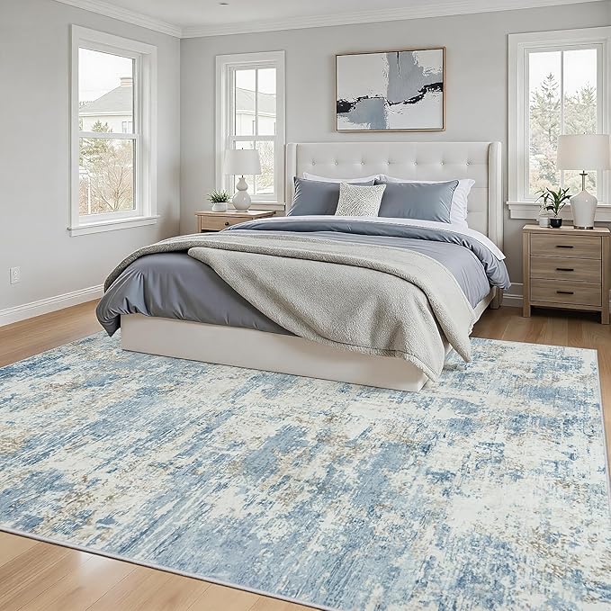 6x9 Area Rugs Living Room Rug Modern Abstract Neutral Washable Rugs Non Slip Soft Carpet Large Area Rug Low Pile Stain Resistant Non Shedding for Bedroom Nursery Dining Room Home Office Blue