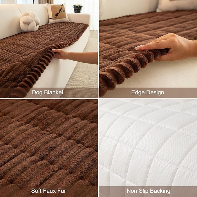 Faux Fur Plush Dog Couch Cover, 3D Stripe Fuzzy Sofa Covers, Non-Slip Fluffy Dog Bed Cover Pet Blanket, Washable Furniture Protector for Puppy Cat (Dark Coffee,35"x35")