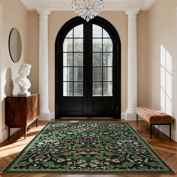 Floral Area Rug for Living Room: 4x6 Washable Soft Low Pile Thin Indoor Carpet, Non Slip Stain Resistant Vintage Flower Boho Accent Rugs for Bedroom, Dining, Home Office, Nursery - Green