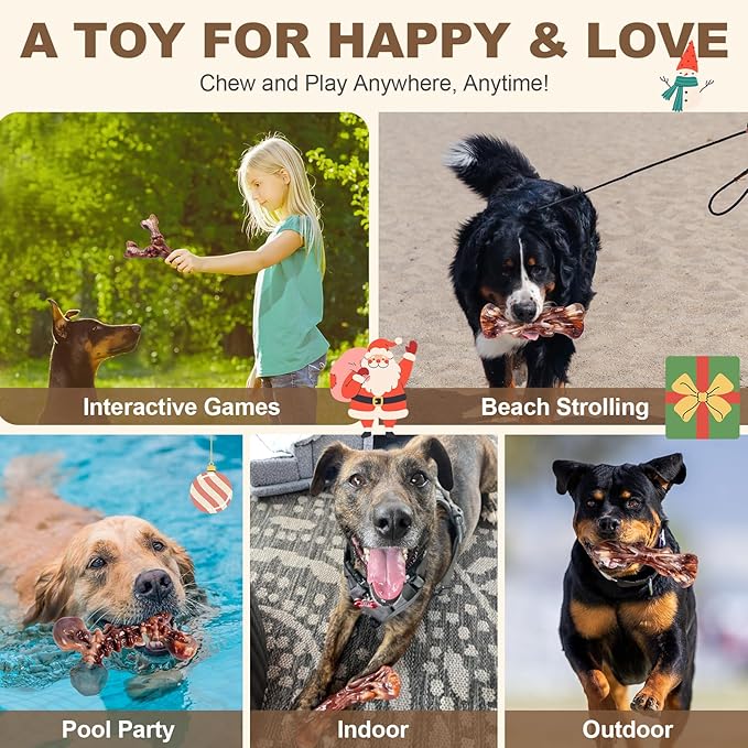 Dog Toys for Aggressive Chewers - 3 Pack Bacon Flavored Indestructible Dog Toy, Big Tough Chew Bone for Medium Large Breed 25-80lbs to Keep Them Busy, Happy Dog Gift (Brown)