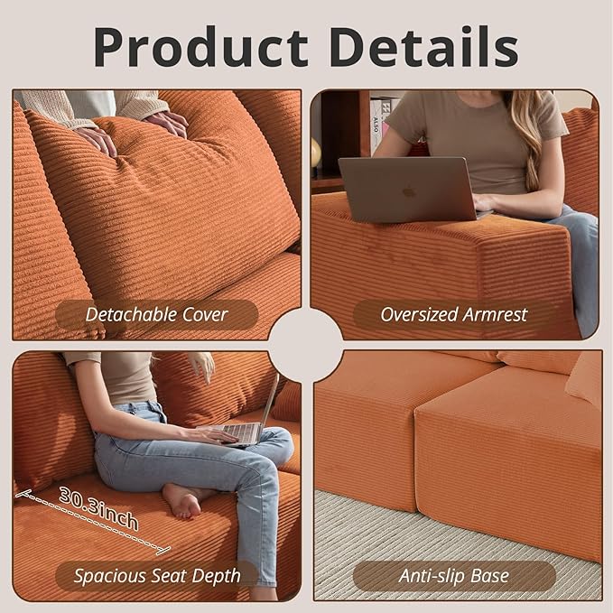108" L-Shaped Boneless Couch, High Seat Modular Sectional Sofa with Moveable Ottoman, Corduroy Cloud Couches for Living Room, No Assembly, Ship in a Box, Orange