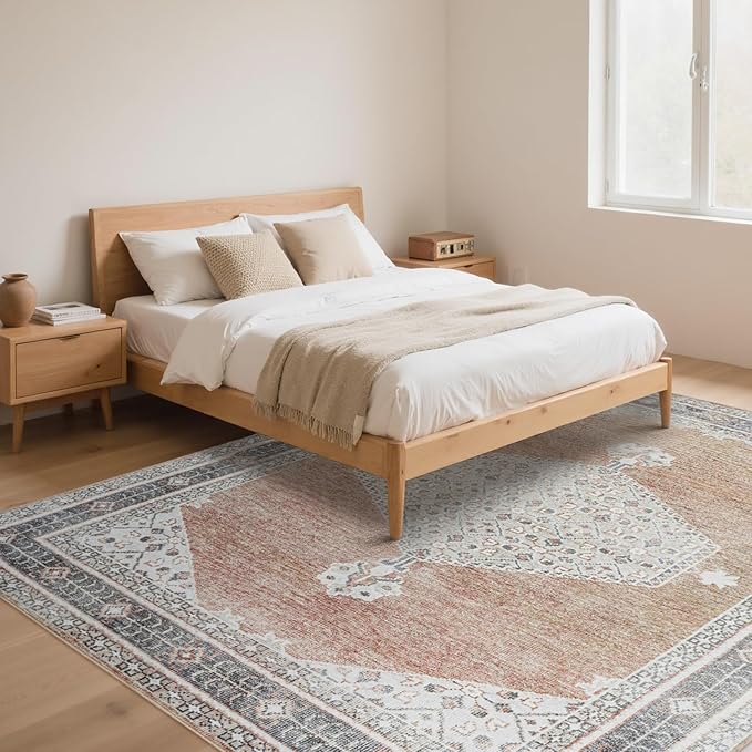 Washable Rugs 8x10 Area Rugs for Living Room,Bedroom,Dining Room- Soft Low Pile Stain-Resistant Carpet with Non-Slip Rubber Backing,Large Vintage Area Rug for Nursery Home Office Decor