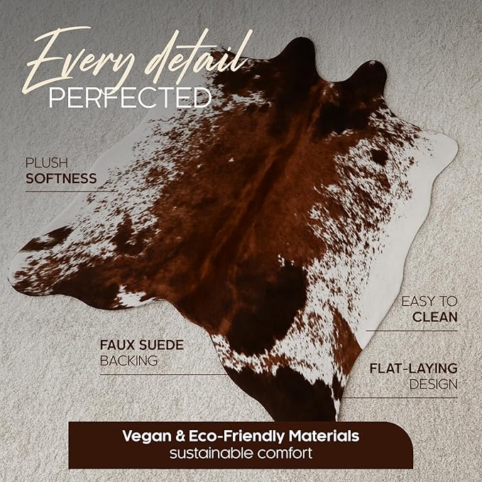 NativeSkins Faux Cowhide Rug 3'1" x 4'1" ??Brown Cow Print Area Rug for Living Room & Bedroom ??Non-Shedding, Flat-Lay, Pet-Friendly ??Faux Suede Grip Backing ??Vegan Western Farmhouse Decor