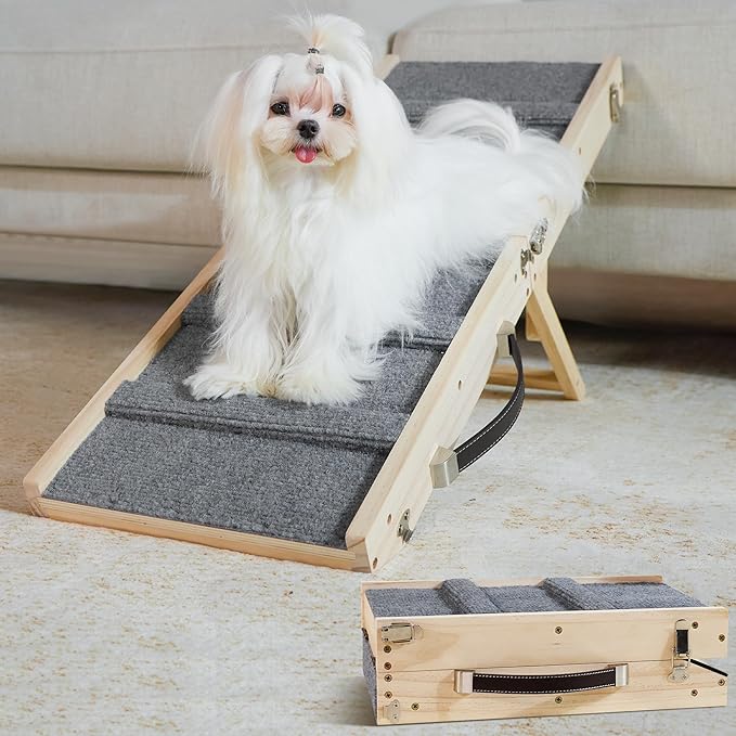 Dog Ramp Dog Stairs for Small Dogs Foldable Dog Ramp with 4 Adjustable Heights from 7.48'' to 15.35" Wood Pet Ramp with Non Slip Carpet Portable Puppy Ramp for Couch, Sofa, Low Bed