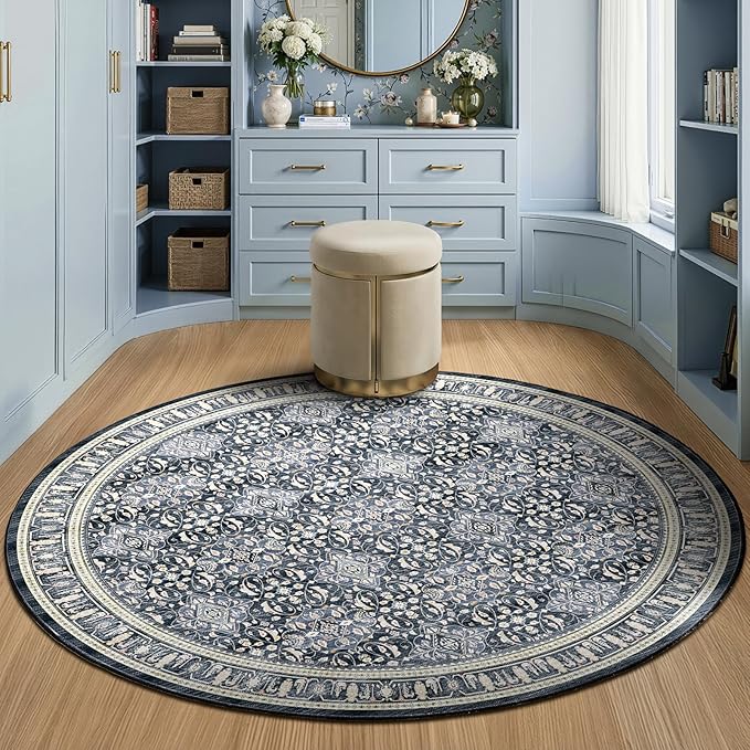 Dark Blue Round Rugs 6ft for Living Room, Washable Round Carpet with Rubber Backing for Kitchen Dining Room, Low Pile Thin Circle Rug for Bedroom Nursery, Transitional Moroccan Floral Trellis