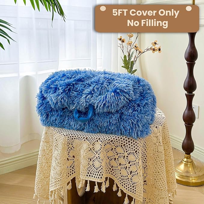 MEGO 5FT Fluffy Faux Fur Giant Bean Bag Chair Cover (No Filler), Cozy Plush Stuffed Animal Storage Beanbag, Ultra-Soft Anti-Slip Lazy Sofa Bed Cover Home Decor Gaming Living Room Bedroom, Ombre Blue