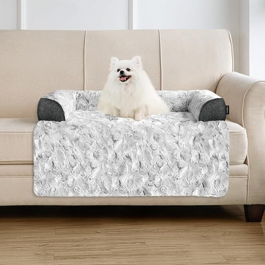 Calming Small Dog Bed for Couch, 35 x 31 inch Removable Couch Cover for Dogs Washable, Non-Slip Fluffy Plush Dog Sofa Mat for Furniture Protector - Grey