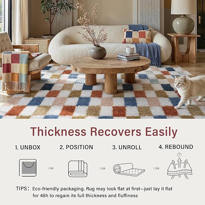 Checkered Rug 4x4 for Living Room, Modern Rainbow Shag Rug Super Soft Washable Indoor Fuzzy Carpet Non-Slip Fluffy Rugs for Bedroom Home Aesthetic Decor