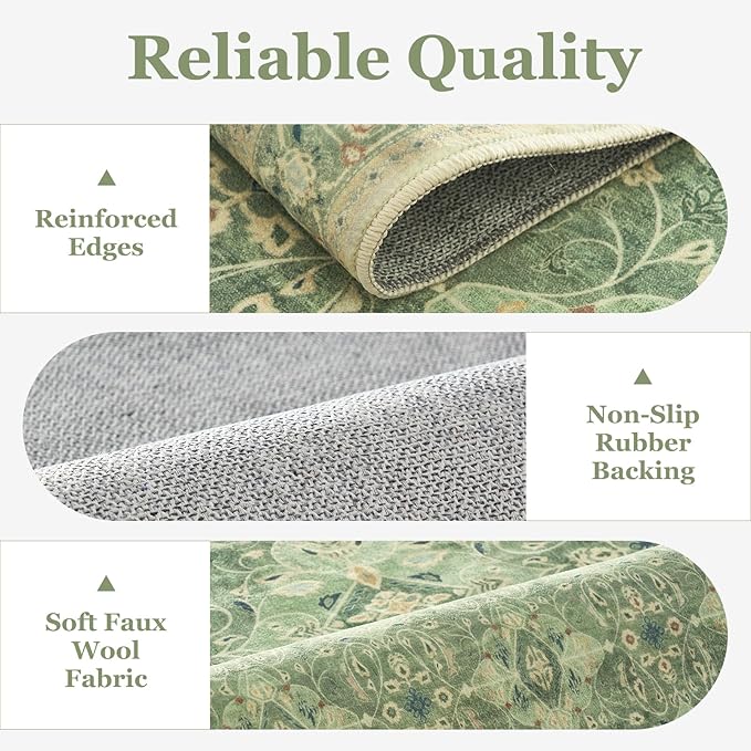 Boho Sage Green 6x9 Area Rug, Non Slip Washable Rugs for Living Room Bedroom Low Pile Thin, Floral Moroccan Pattern Printed Carpet Rug for Dining Room Home Office Nursery Playroom