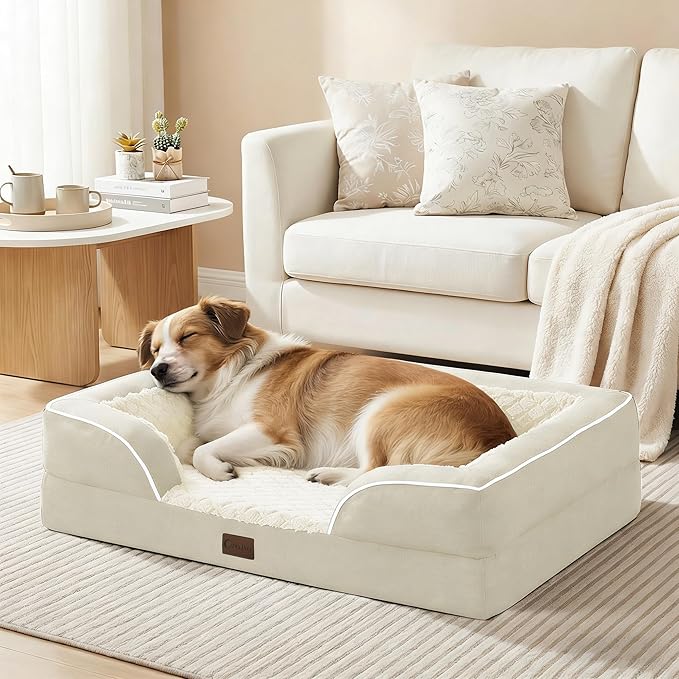 Orthopedic Dog Beds for Large Sized Dogs, Waterproof Memory Foam Large Pet Bed with Sides 35x22Inch, Non-Slip and Egg-Crate Foam Big Dog Couch Bed with Removable Washable Cover, Beige