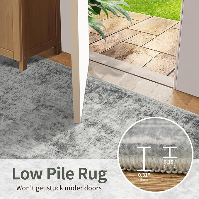 6x9 Area Rugs for Living Room Bedroom, Large Washable Rug, Grey Vintage Abstract Boho Rug, Non Slip & Low Pile Faux Wool Carpet for Indoor Dining Room, Farmhouse and Kids Room(Grey 6x9ft)