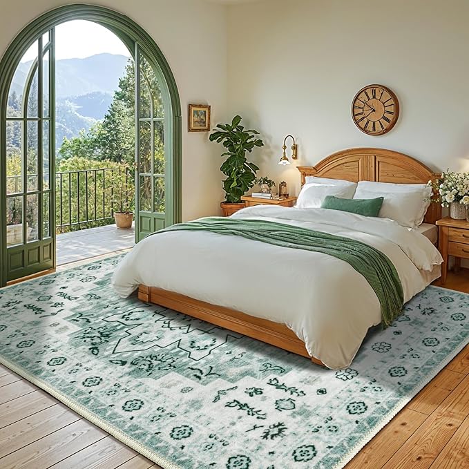 LBRO2M Boho 4X6 Rug Washable Rugs for Bedroom Non Slip Indoor Carpet, Soft Low Piles Rug Green Foldable Rugs for Living Room Pet Friendly Area Rugs Stain Resistant (4'X6' Green)