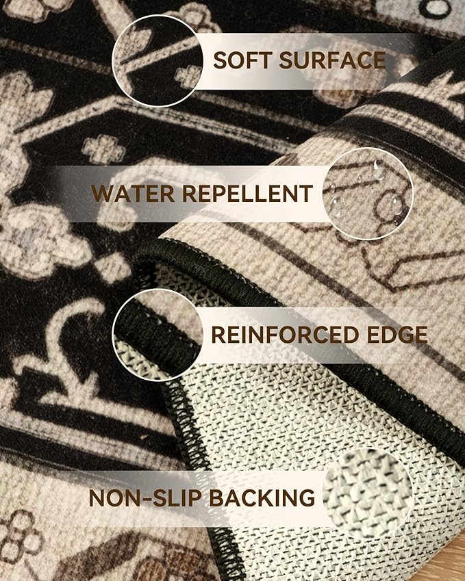 Area Rugs 2'x6' Runner Rug Non Slip Washable for Kitchen Hallway Bedroom Beside Laundry Room Bathroom Rug, Floor Carpet, Black Brown Neutral Dark Tan