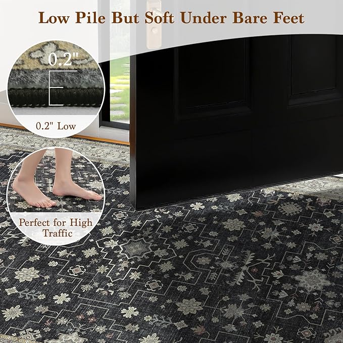 LBRO2M Black Washable Rugs 5X7 for Living Room Bedroom Vintage Non Slip Rugs Easy Clean, Low Piles Stain Resistant Carpet Distressed Area Rug Great for Pets and Family (5'X7' Charcoal Black)
