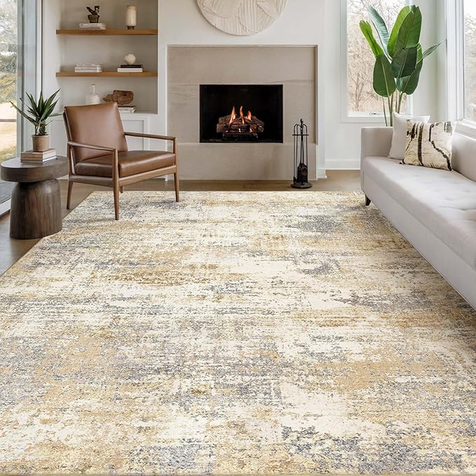 Area Rug Living Room Washable Rugs: 8x10 Modern Neutral Abstract Low Pile Non Slip Floor Carpet - Large Soft Thin Stain Resistant Rug for Bedroom Dining Indoor Office Home, Gold Grey