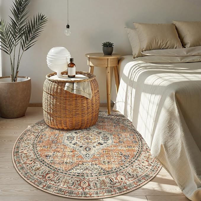 Lahome Oriental Washable Round Rugs, Non-Slip Round Rug 4ft Ultra-Thin, Vintage Soft Small Circle Carpet for Entryway Kitchen Bedroom Nursery Bathroom, Peach/Orange