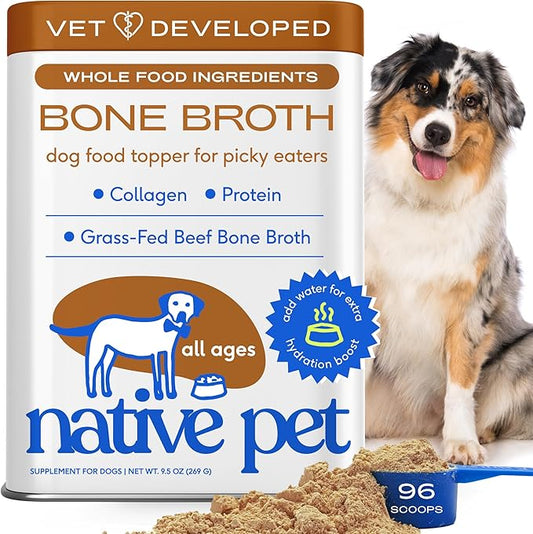 Native Pet Bone Broth for Dogs and Cats - Made with Real Beef Bone Broth, Dog Food Toppers for Picky Eaters - Provides Extra Hydration & Nutrition for Joint Strength, Immunity & Heart Health-96 Scoops