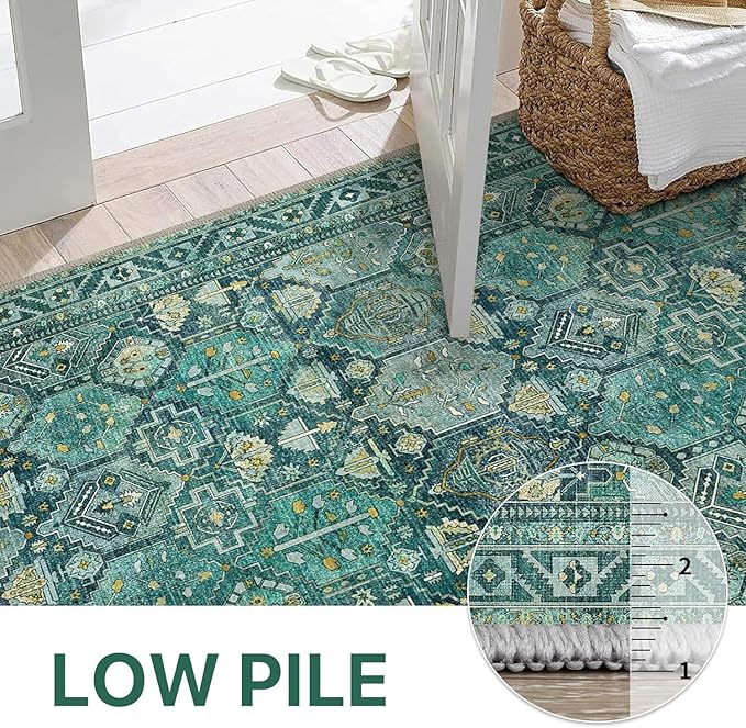 Bavni Washable Rug 6x9 Area Rug for Living Room Bedroom Dining, Washable Vintage Print Carpet, Ultra-Thin Chenille Low Pile Lightweight Rug with Non Slip Backing, Dark Green