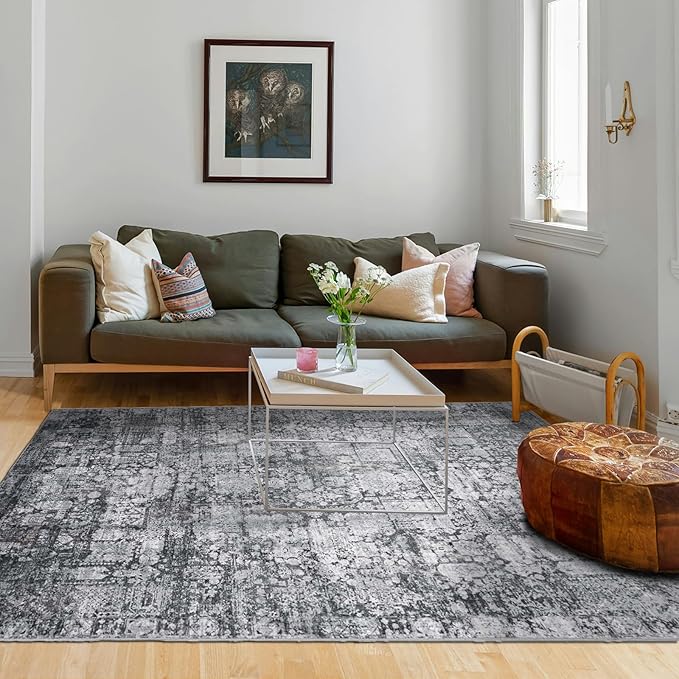 Area Rug 4횞6, Vintage Boho Rug,Ultra-Soft Low Pile, Washable, Non Slip,Stain Resistant Printed Carpet for Living Room Bedrooms Playroom Office Kitchen, Dark Stone