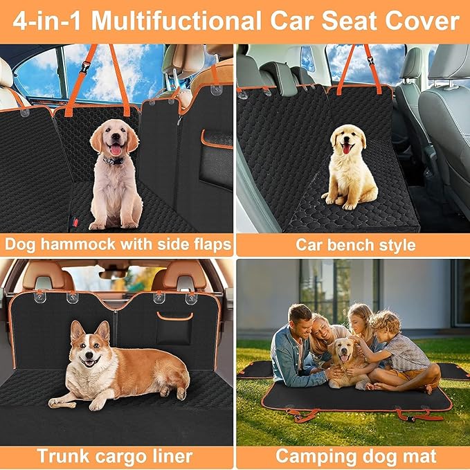 Mancro Dog Car Seat Cover for Back Seat, 2025 Upgraded 600D Heavy Duty Waterproof & Scratch-Resistant Dog Hammock for Car, Back Seat Pet Cover for Dogs with Sedan, Standard, Orange