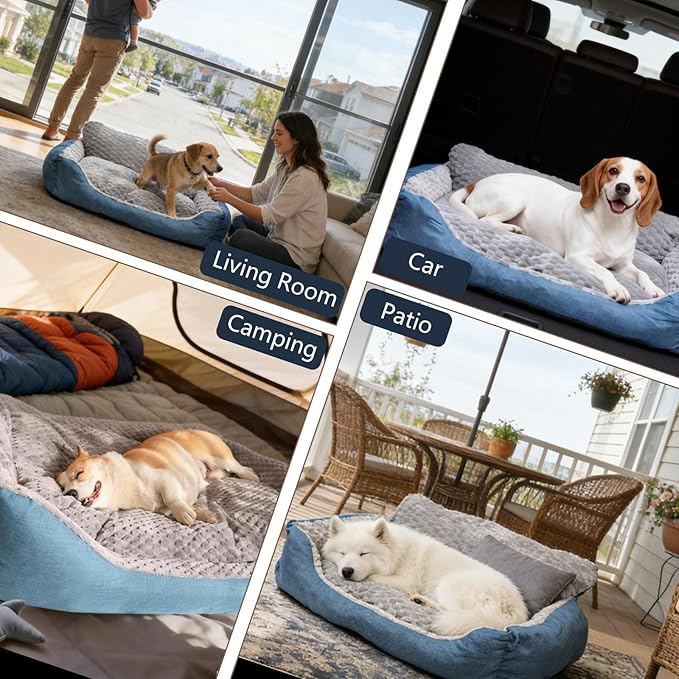 Dog Bed for Small Dogs & Cats with Soft Plush Cushion, Blue and Gray,Non-Slip Bottom, Year-Round Faux Fur Linen Calming Pet Sofa (Up to 17 lbs)